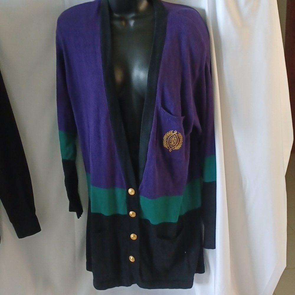 Vintage Anne Klein long cotton cardigan,  purple,  green,  black